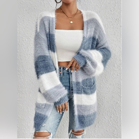 Sweaters - Blue Drop Shoulder Open Front Fluffy Knit Cardigan